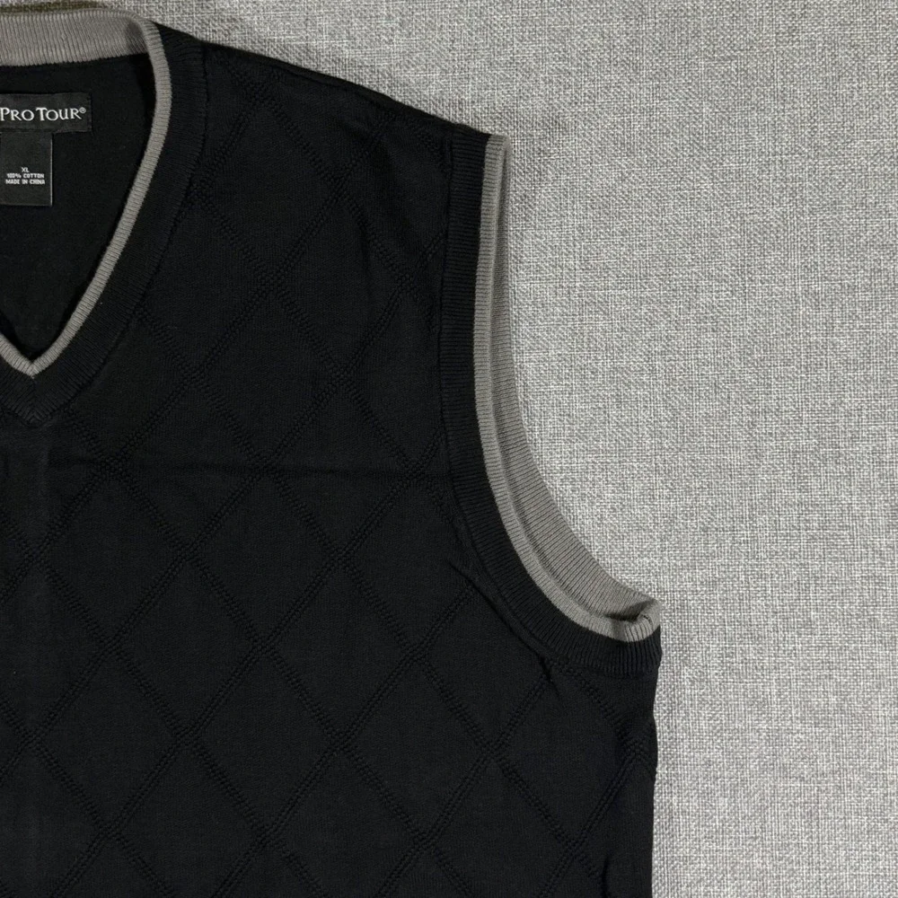 Pro Tour Sweater Vest Mens XL Black Gray Cotton Argyle Golf Preppy Grandpa Core